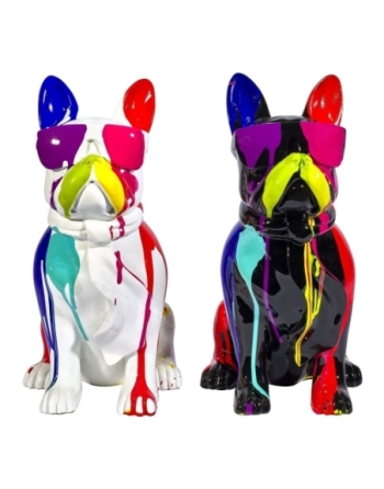 Set de 2 chiens Bulldogs noir et blanc façon trash avec lunettes