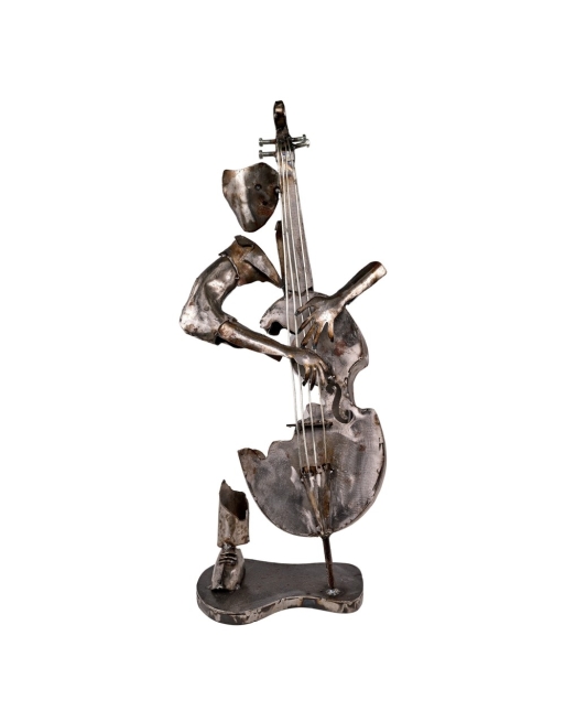 Originale statuette entièrement en métal représentant un musicien jouant de son instrument.