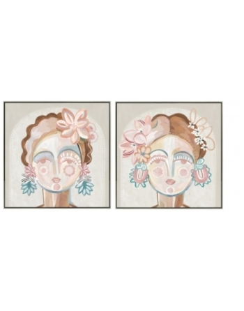 Set de deux toiles encadrées représentant des visages féminins dans des couleurs poudrées qui inspirent au calme et repos.