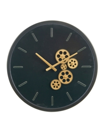 Horloge noire avec aiguilles et engrenages effet doré.