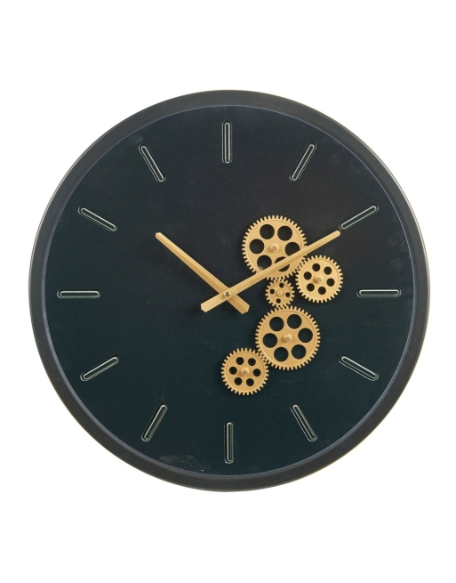 Horloge noire avec aiguilles et engrenages effet doré.