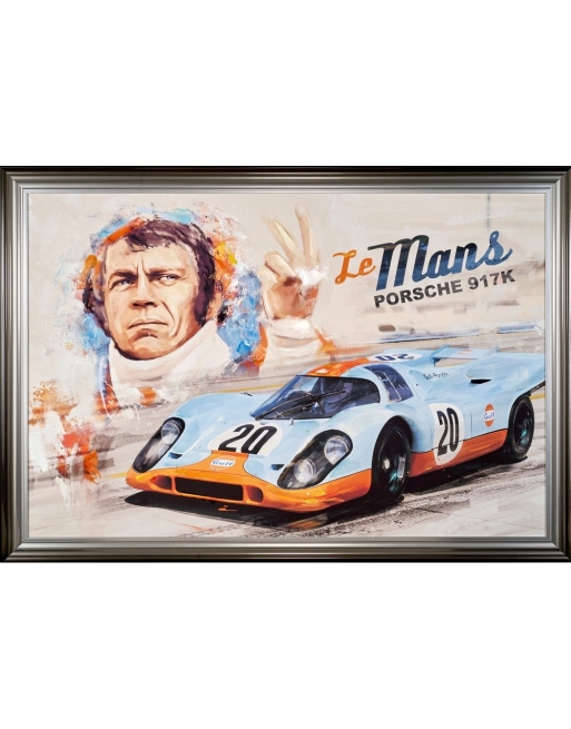 Voiture de course Gulf de Steve McQueen sur tableau encadré.