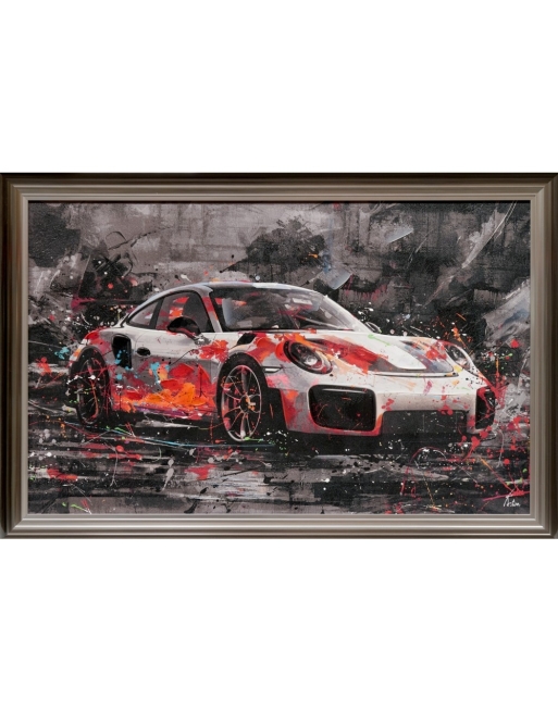 Voiture Porsche sur tableau encadré en noir et rouge.