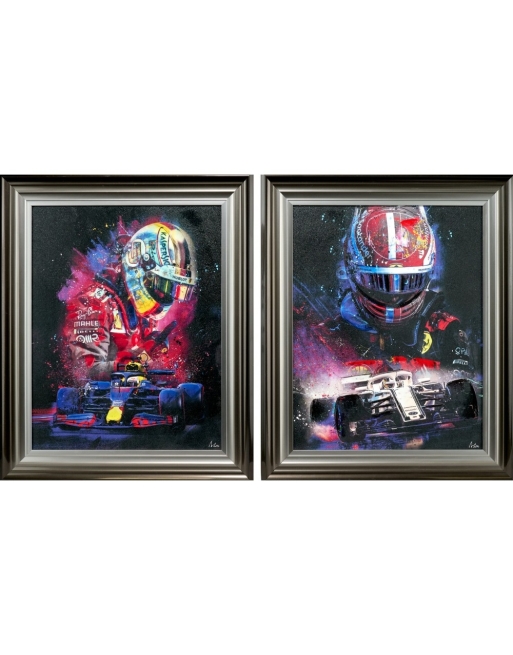 Set de 2 tableaux encadrés représentant des pilotes de formule 1