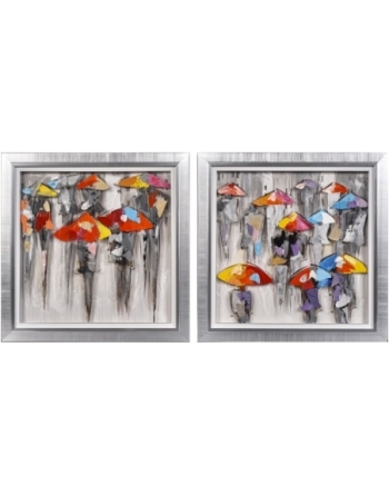 Set de 2 peintures sur plexiglass représentant la foule sous des parapluies colorées.