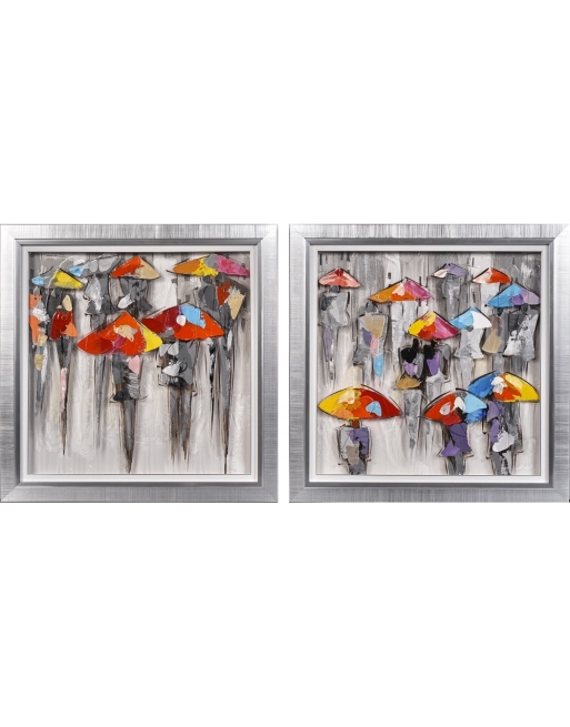 Set de 2 peintures sur plexiglass représentant la foule sous des parapluies colorées.