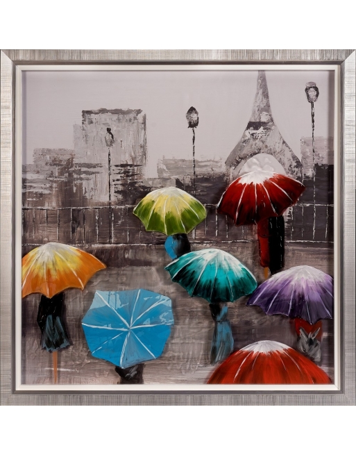 Peinture sur plexiglass encadrée représentant Paris sous les parapluies.