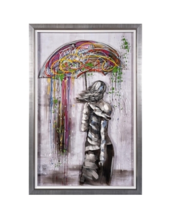 Peinture sur plexiglass encadrée représentant le charme féminin sous la pluie.