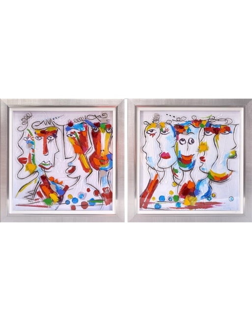 Set de 2 peintures sur plexiglass représentant les visages dans le style du cubisme.