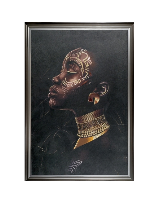 Jolie femme africaine avec tatouages et bijoux dorés sur tableau encadré.