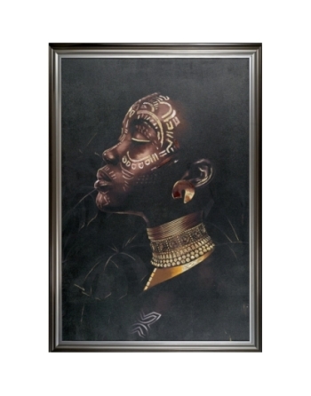 Jolie femme africaine avec tatouages et bijoux dorés sur tableau encadré.