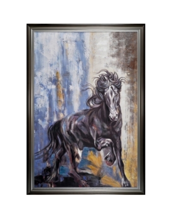 Majestueux cheval noir sur tableau encadré.